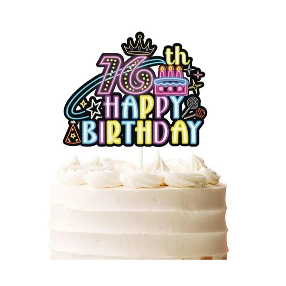 Glow Neon Happy 16th Birthday Cake Topper